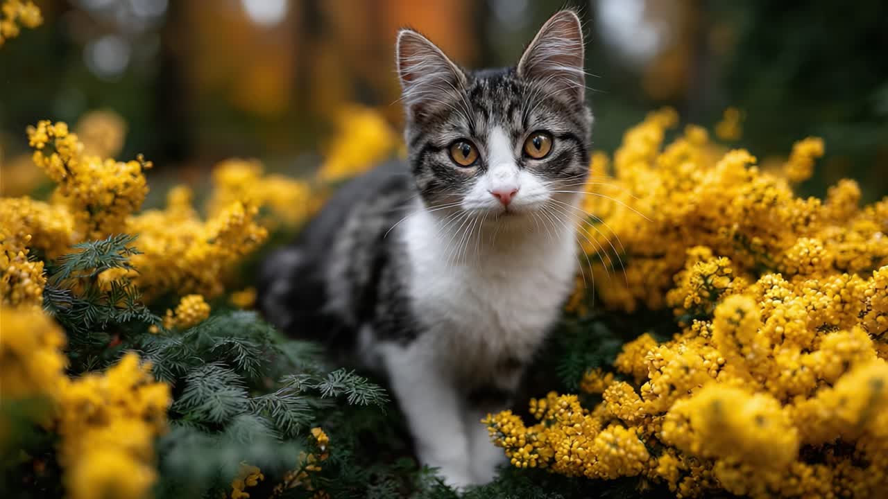 A Cute Tabby Cat Peeking Through Vibrant Yellow Flowers, Captured in a Stunning Natural Setting with a Soft Focus Background