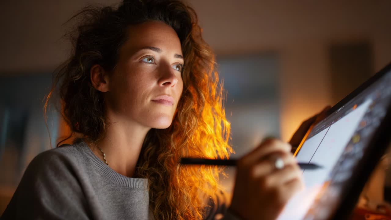 Focused Artist Creating Digital Artwork at Night, Illuminated by Soft Light, Capturing Inspiration with a Drawing Tablet in a Cozy Workspace, Reflecting Passion and Creativity in Every Stroke