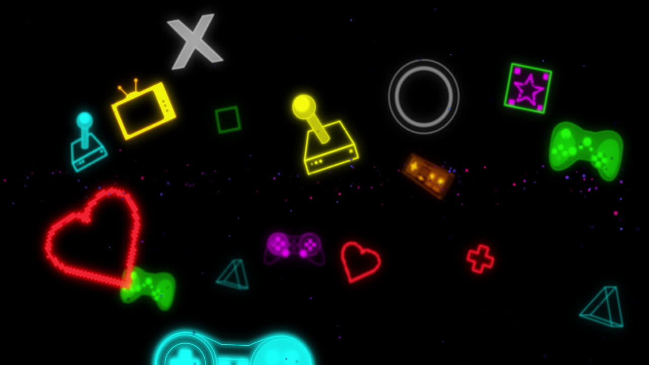 Animation of neon video game icons moving on black background