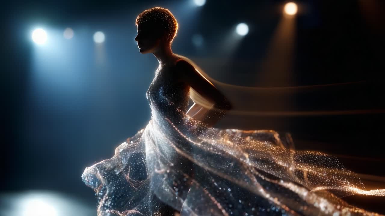 A dazzling silhouette of a model in a sparkling gown radiates elegance and grace on stage, capturing the brilliance of fashion design and the wonder of performance art in a stunning visual display