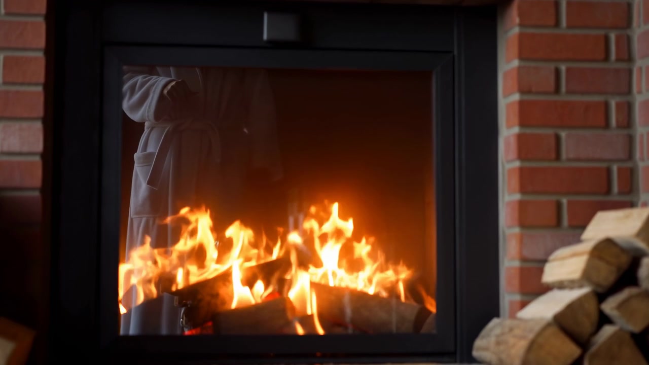 Roaring Flame Inside Brick Fireplace With Stacked Logs And Glowing Embers, Warm Amber Light Reflecting