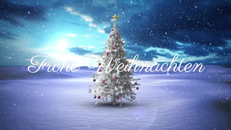 Frohe-weihnachten-text-and-snow-falling-against-christmas-tree-on-winter-landscape