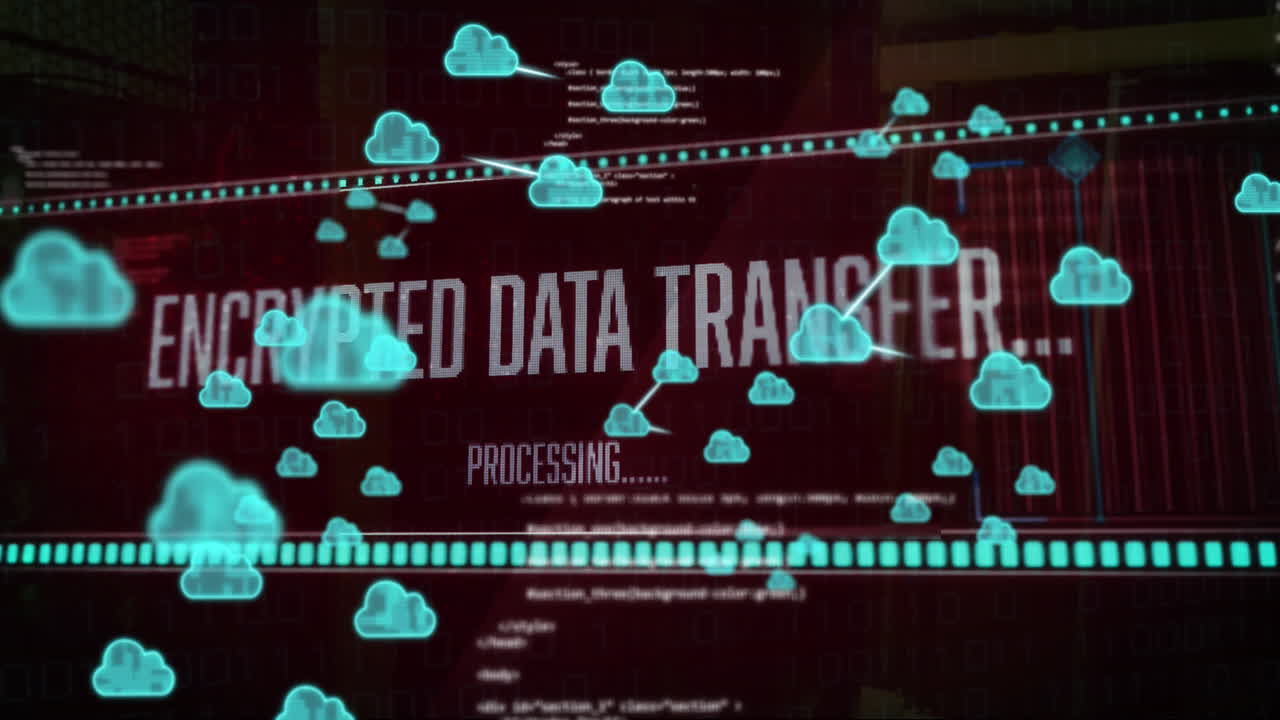 Animation of cloud icons and data processing over digital text