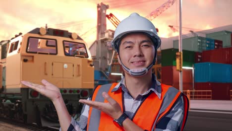 close up of asian male engineer with safety helmet smiling and pointing to side while standing with freight cargo train at port