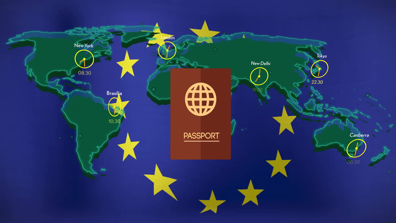 animación de pasaporte sobre mapa del mundo con relojes que muestran diferentes zonas horarias