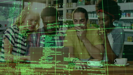 Animation of data processing over diverse friends using laptop in cafe