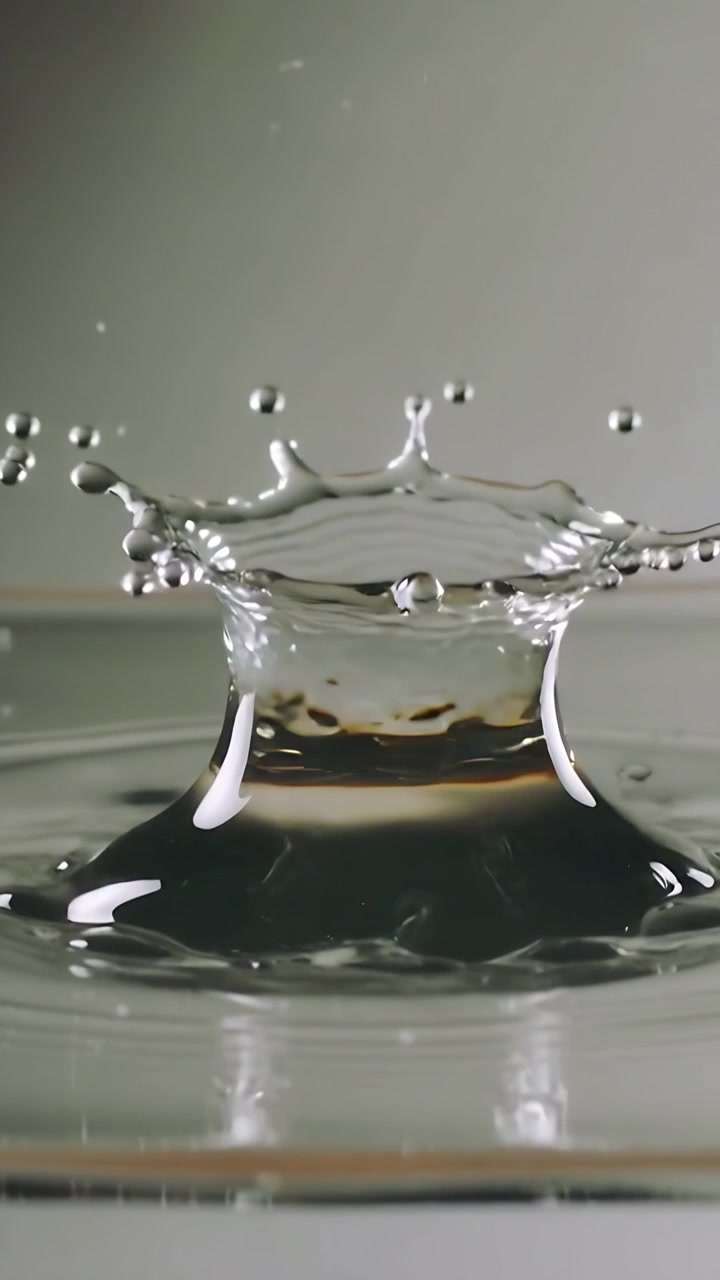 Vertical video: Impacting droplet forming crown ring and jet on shallow water dish, with lights