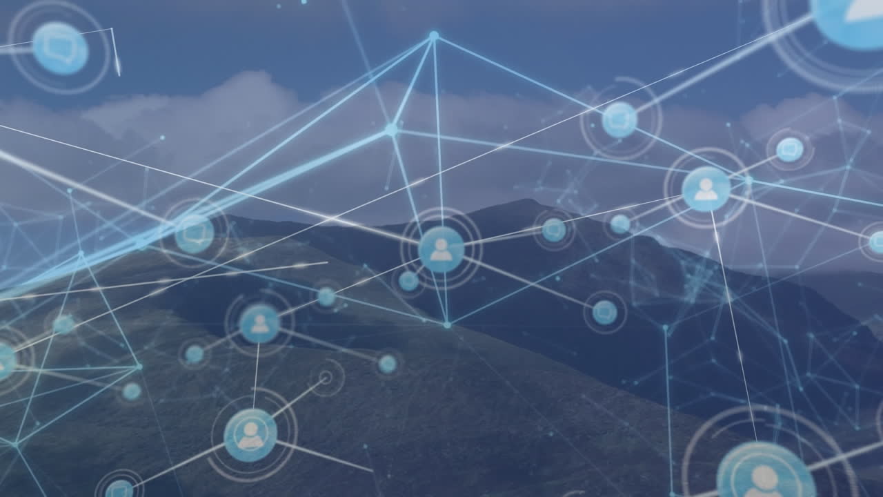 animación de la red de conexiones con iconos sobre el paisaje