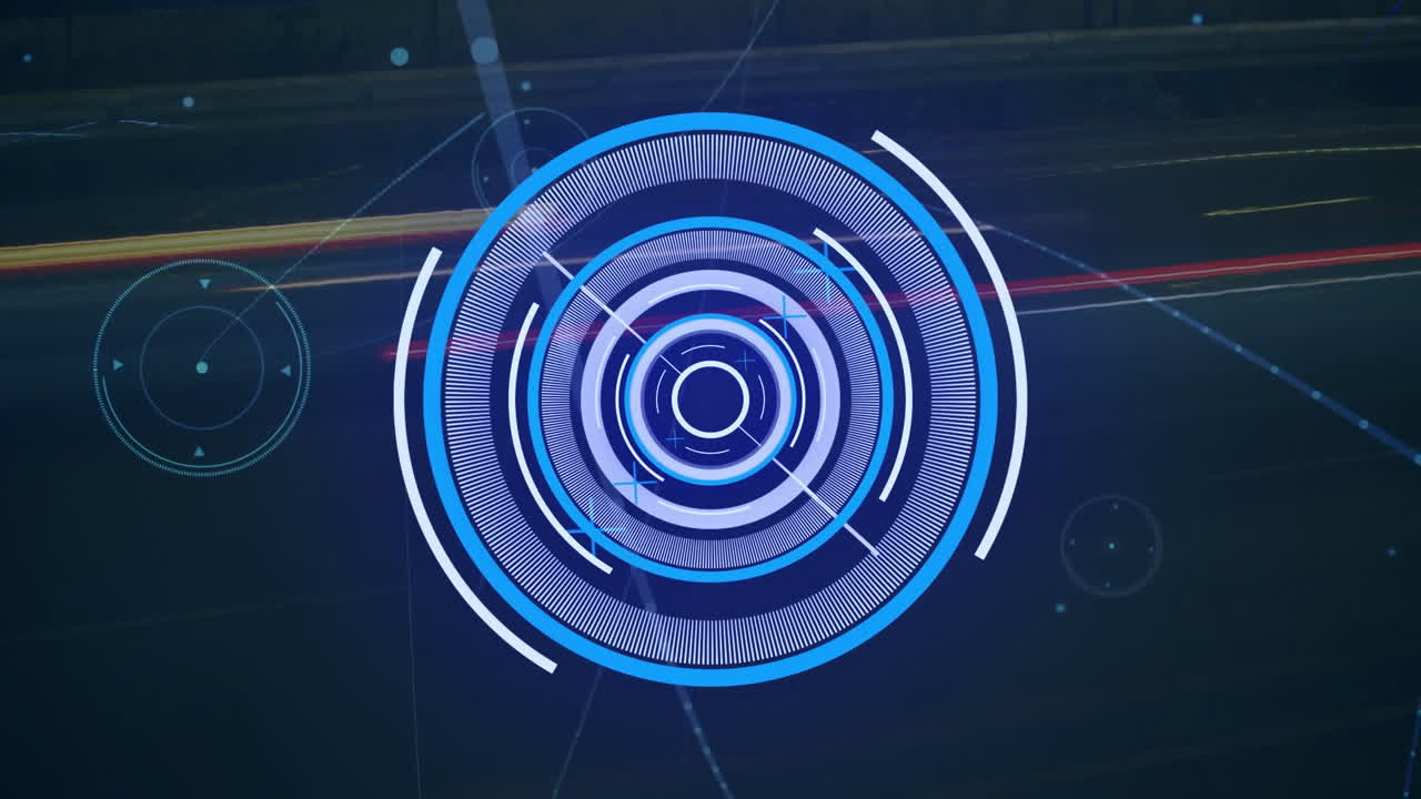 animación del escáner redondo y la red de conexiones contra el lapso de tiempo del tráfico urbano