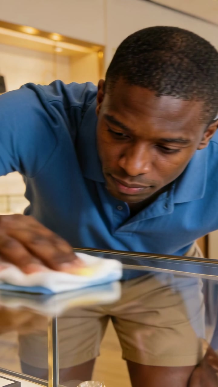 Vertical video: Leaning clerk cleaning glass case for display, using white-blue rag, blue polo