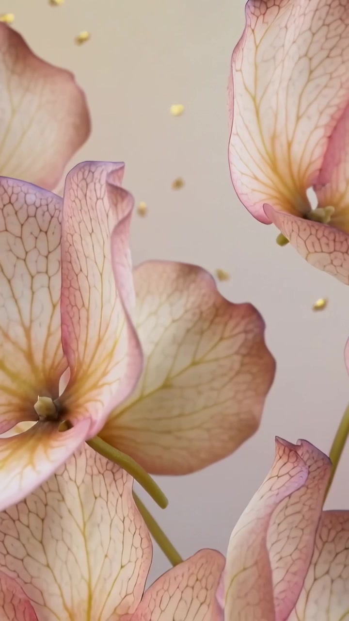 Video verticale: Petali rosa e steli trasportati dal vento, lamina d'oro che si forma su uno sfondo beige rilassante.