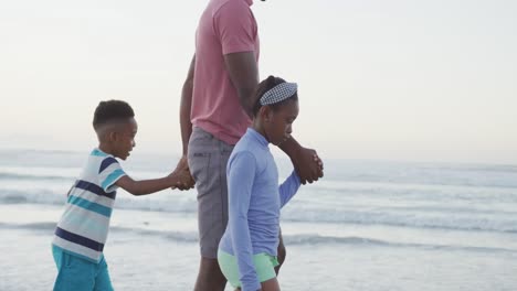 Afroamerikanischer-Vater-Geht-Mit-Tochter-Und-Sohn-Am-Sonnigen-Strand-Spazieren