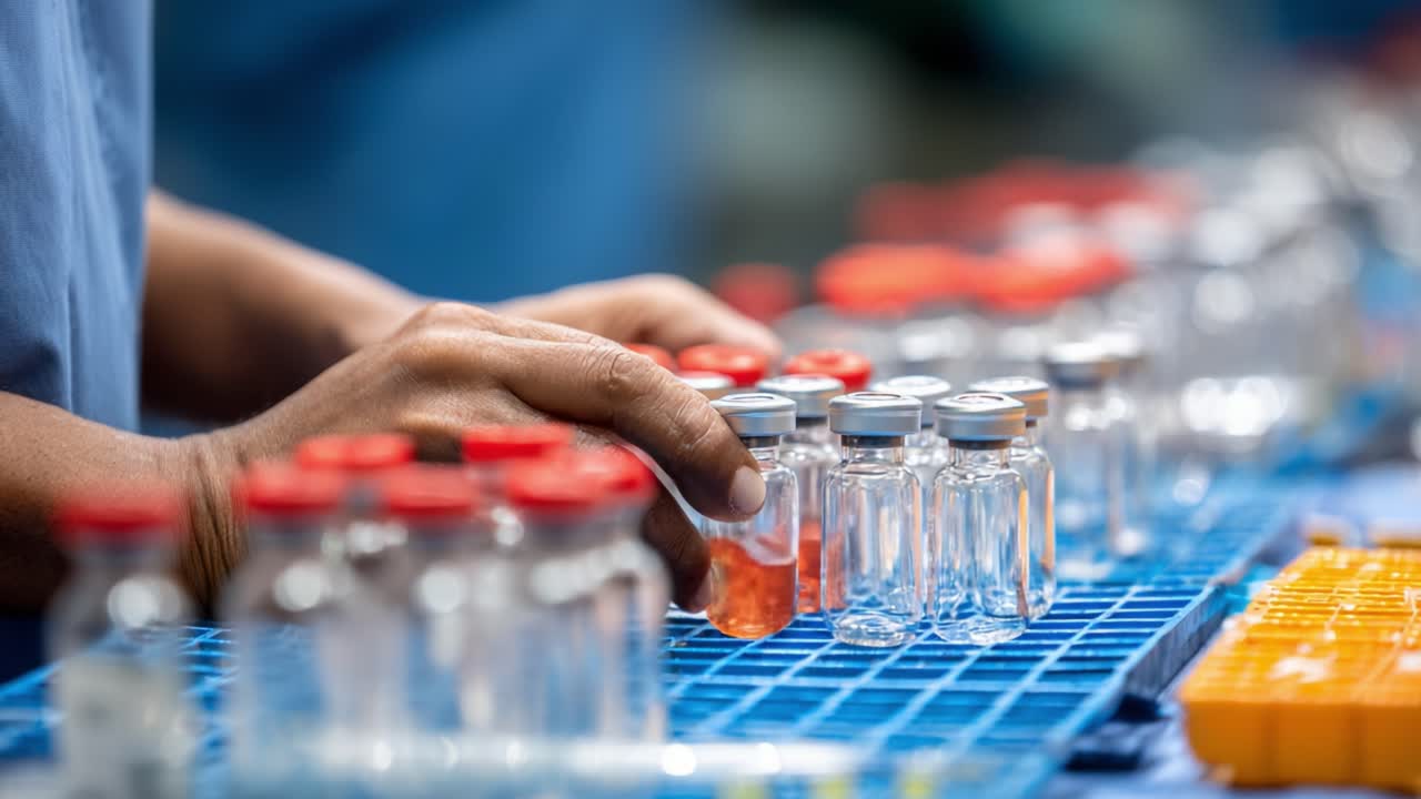 Detailed Overview of Laboratory Work Involving Vials: A Close-Up of Hand Interactions with Medical Containers in a Controlled Environment