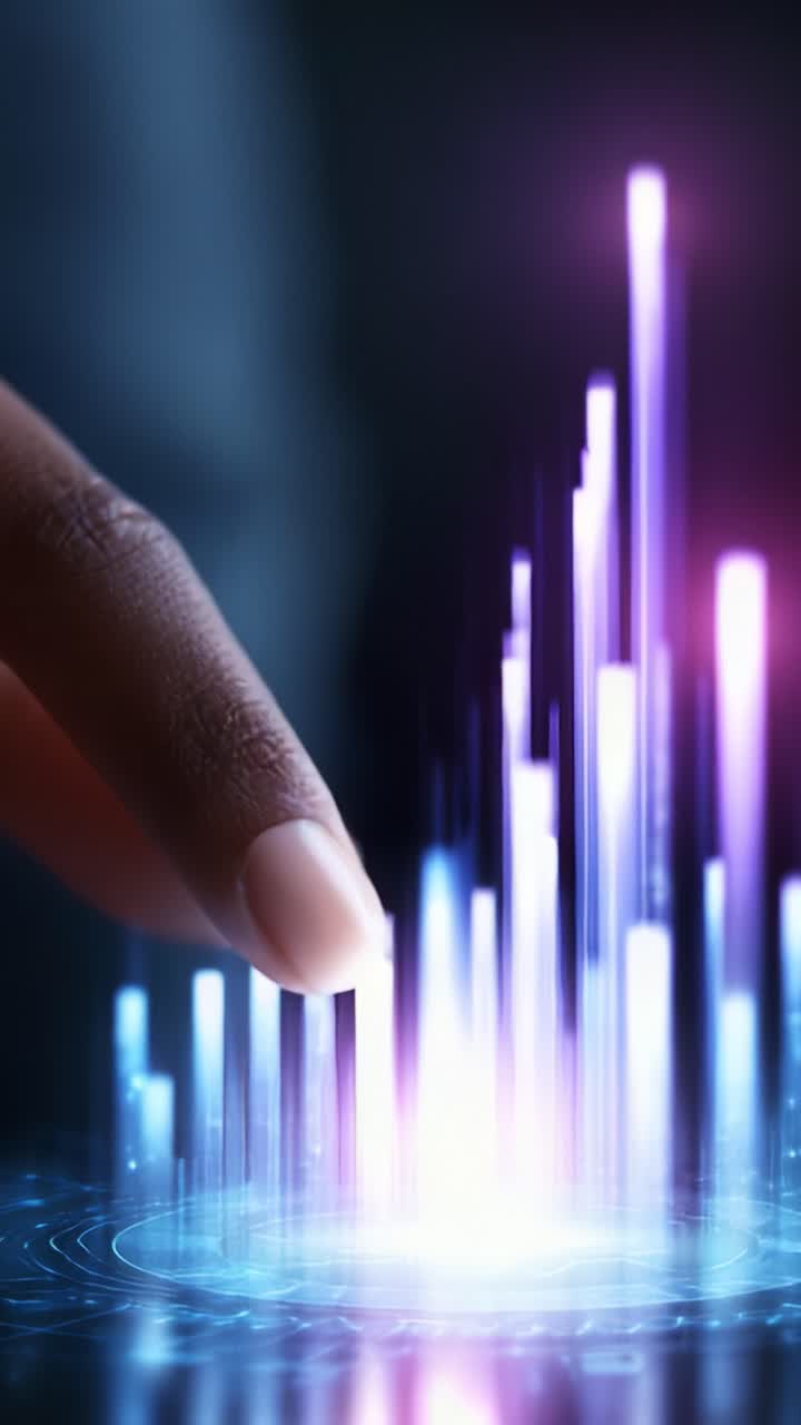 A Hand Interacting with a Digital Interface Representing Data Visualization and Technology Advancement in a Futuristic Setting with Vibrant Light Effects