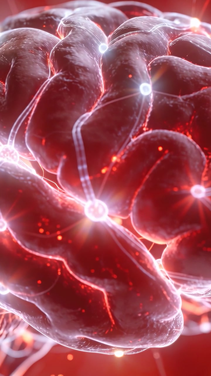 3D cortex zooming, camera revealing nodes pulsing along filaments for medical visualization