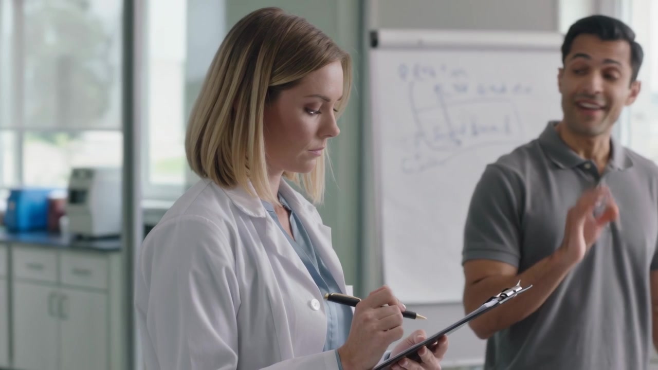 Clinico che prende appunti e indossa un camice da laboratorio, in laboratorio, mentre un collega inizia la presentazione con un blocco appunti.