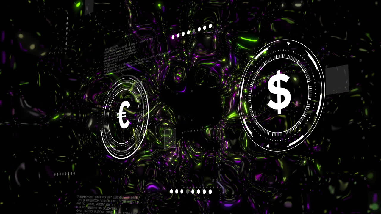 Animation of euro and dollar symbols with exchange arrows on digital backdrop