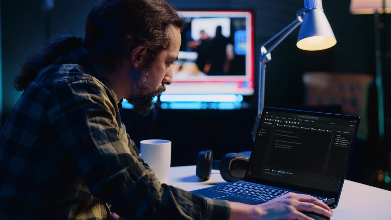 Programmer writes code on laptop screen while in apartment office using Java
