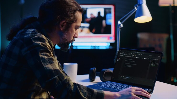 Programmer writes code on laptop screen while in apartment office using Java