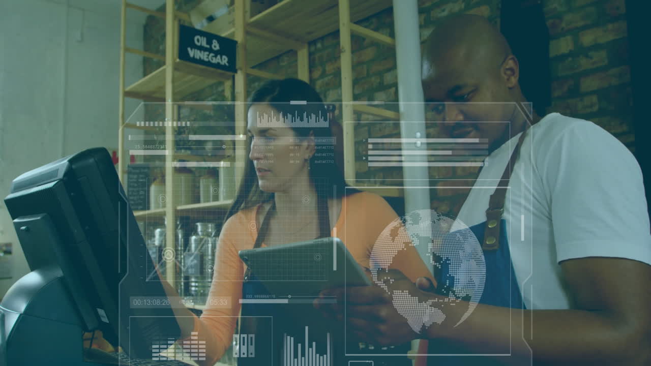 Business data analytics animation over diverse workers using tablet in store