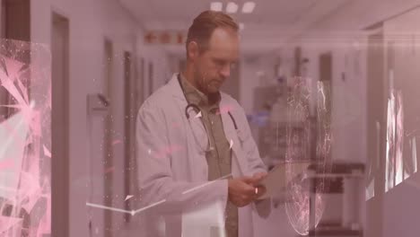 Molecular-structures-floating-against-male-doctor-using-digital-tablet-at-hospital