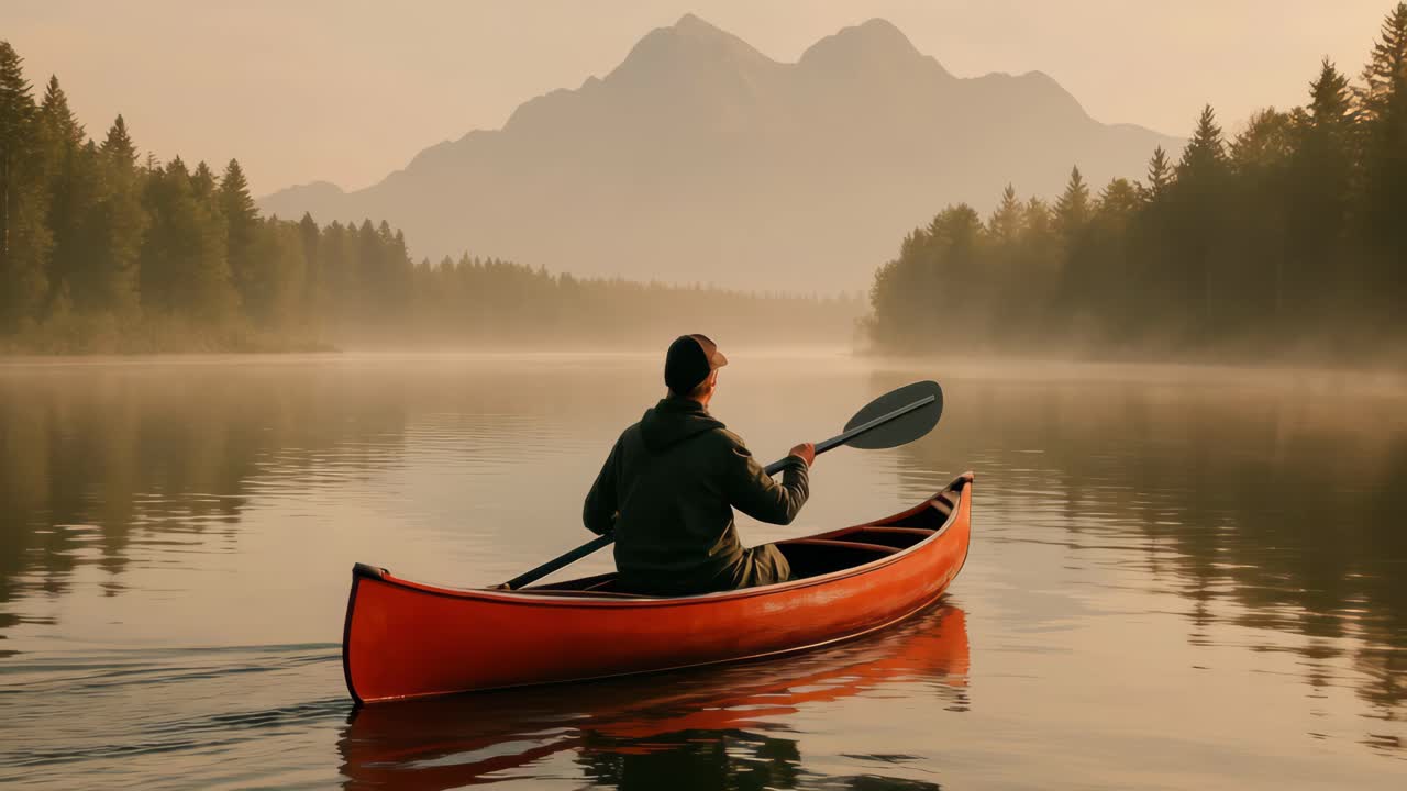Serene video scene of a person in a red canoe on a misty lake, surrounded by mountains and trees