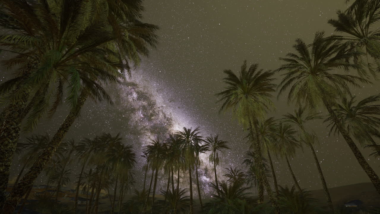 Starry night sky over palm trees in a tranquil desert setting