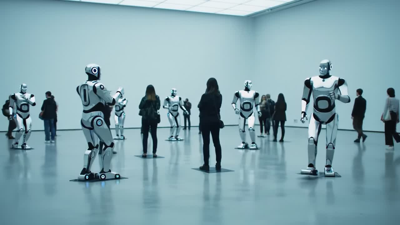 Exploring the Future: A Modern Art Gallery Featuring Interactive Robots Engaging with Visitors and Showcasing Advanced Robotics Technology