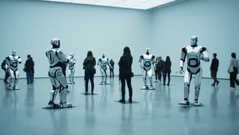 exploring the future: a modern art gallery featuring interactive robots engaging with visitors and showcasing advanced robotics technology