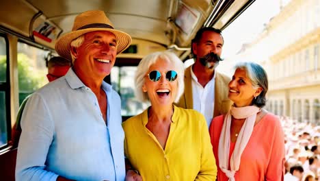 group of seniors bonding during a tourist bus ride in summer.