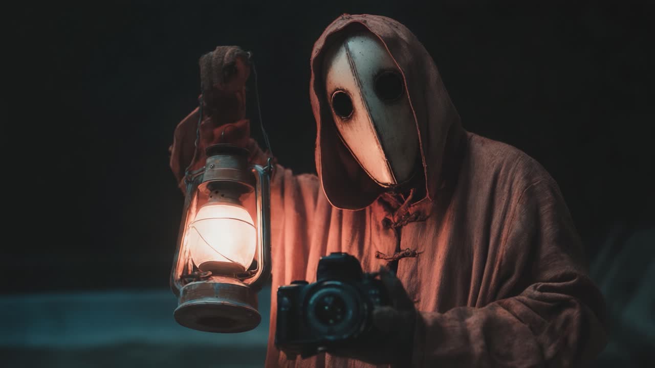 A Mysterious Figure Holding a Lantern and Camera in a Dark Environment, Evoking a Sense of Intrigue and Suspense in a Haunting Atmosphere