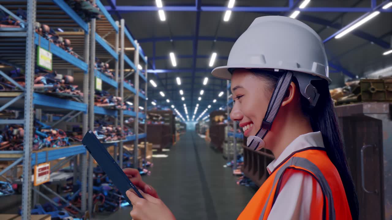 Vista lateral de engenheira asiática usando tablet enquanto caminha em um depósito industrial de sucata e reciclagem