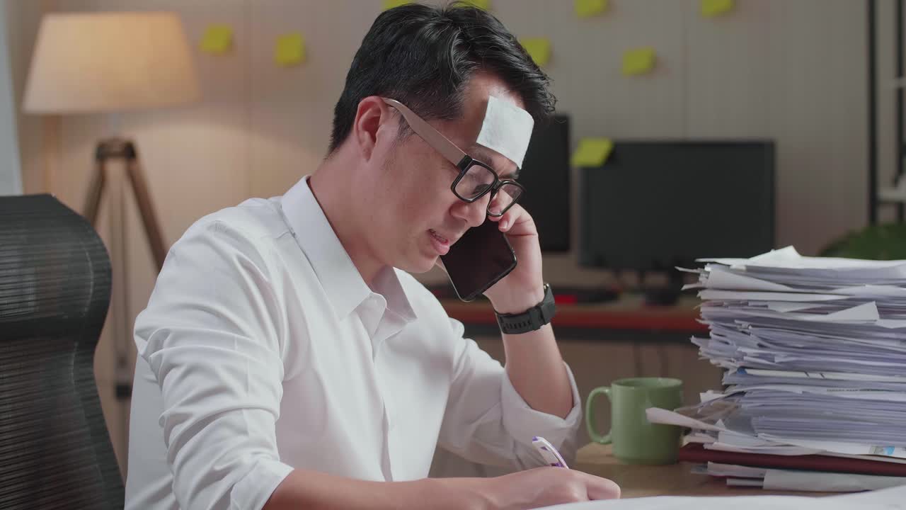 병든 아시아 남자가 사무실에서 문서와 함께 열심히 일하면서 전화로 이야기하고 메모를 취하고 있습니다.