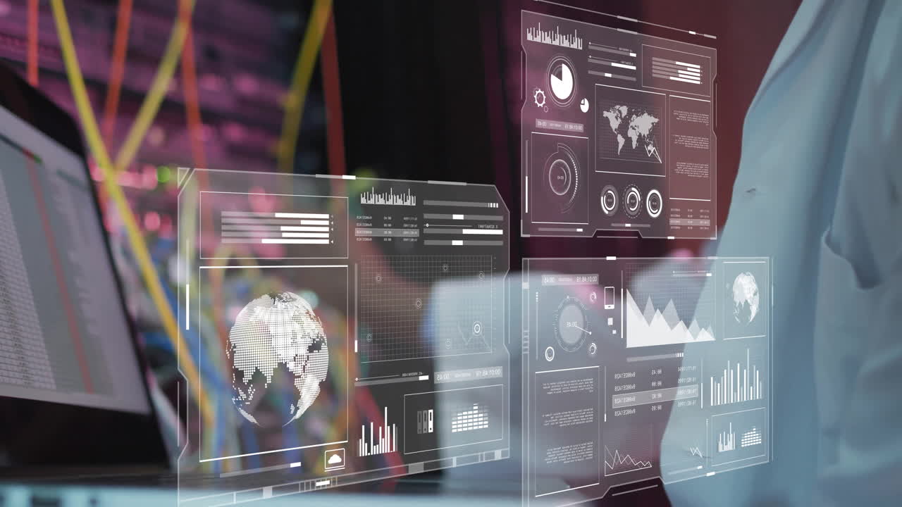 animación de procesamiento de datos financieros sobre científico afroamericano en la sala de servidores