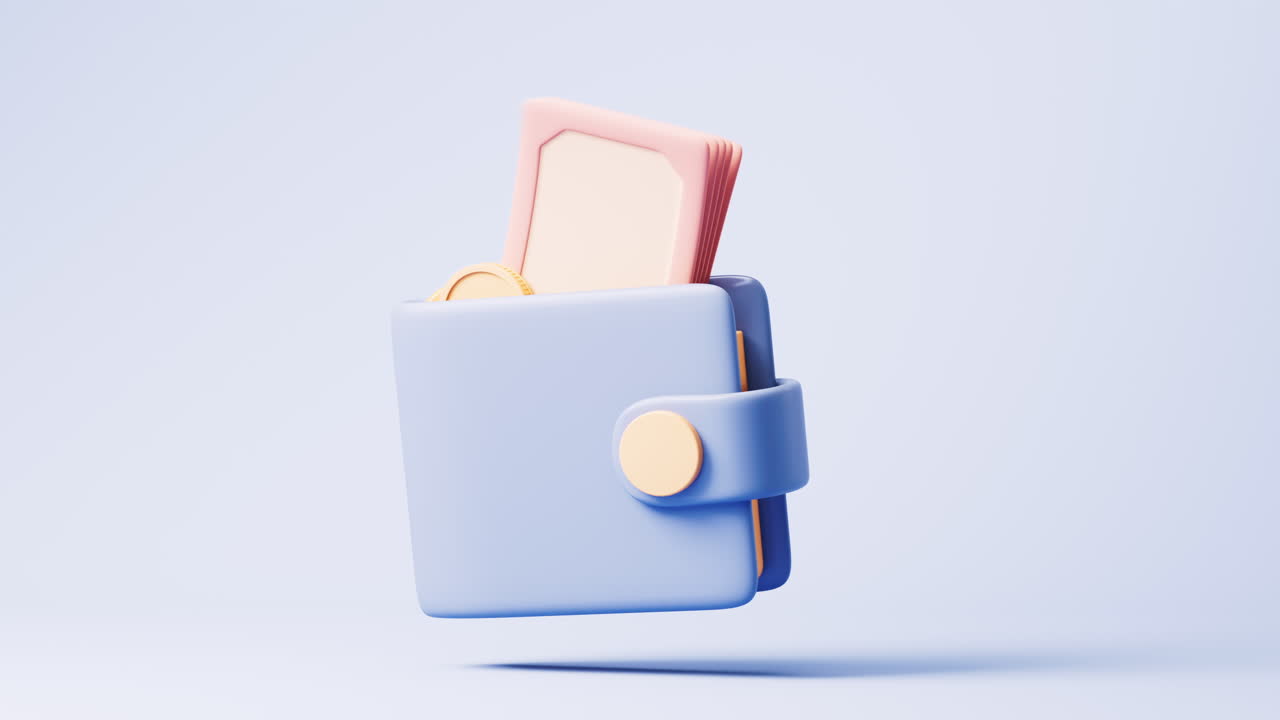 цикл анимации синего мультфильма кожаный кошелек, 3d рендеринг.