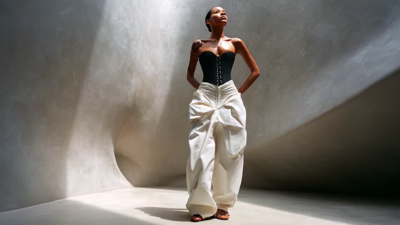 A Fashion Showcase Featuring an Elegant Model in a Stunning Black Corset and Flowing White Trousers, Captured in an Artistic, High-Contrast Setting with Unique Lighting