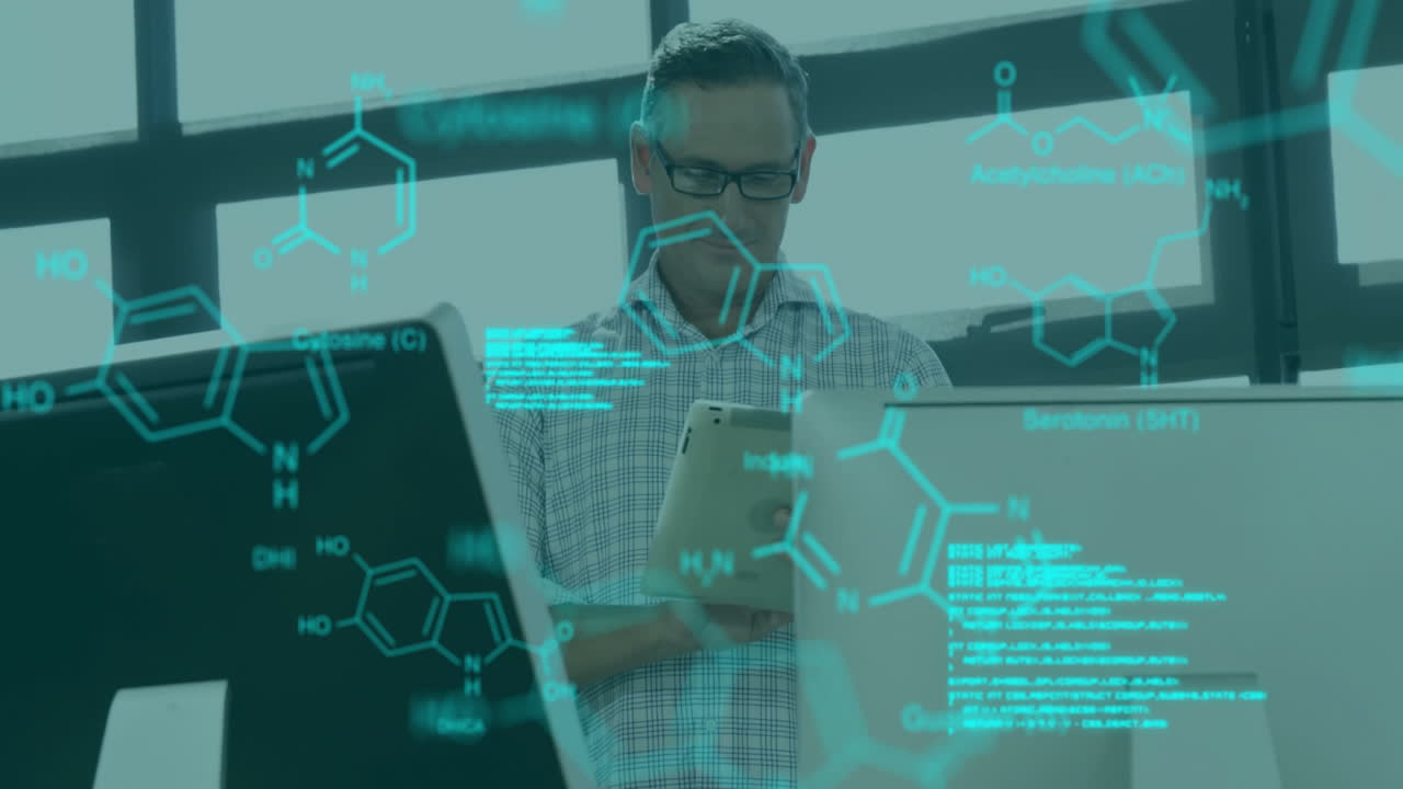 Animation of data processing and chemical formula over caucasian man using tablet