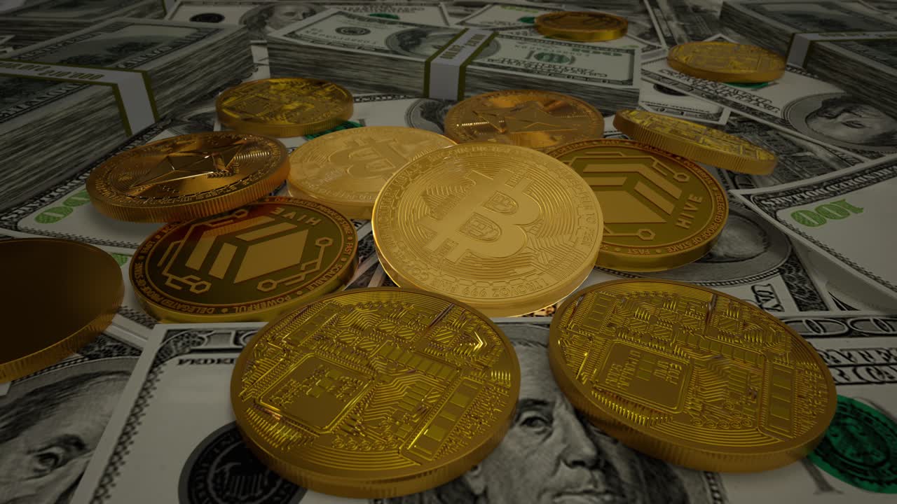 Bitcoin Btc Coin And Ethereum Eth Coins With 100 Dollars Bills. Digital Crypto Coin And Cryptocurrency. Concept Of Exchange Market And Online Trading