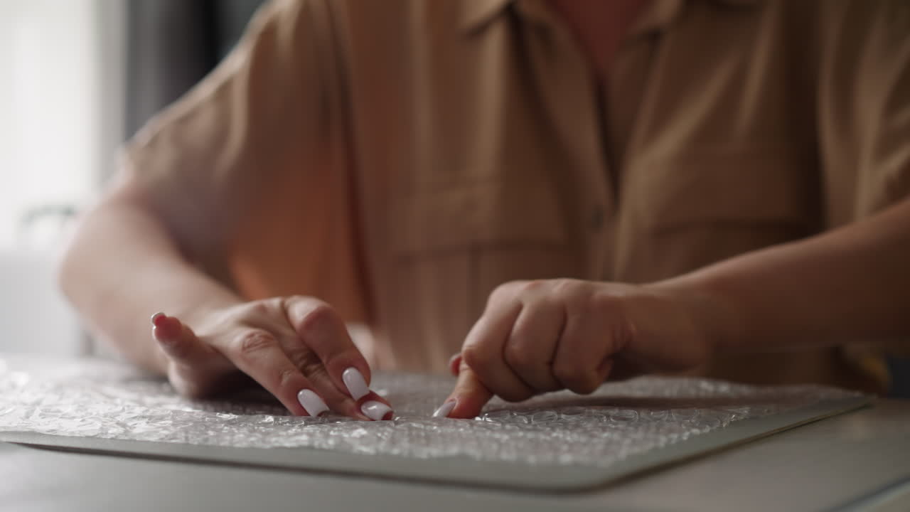 Woman presses fingers on bubble wrap sitting at table