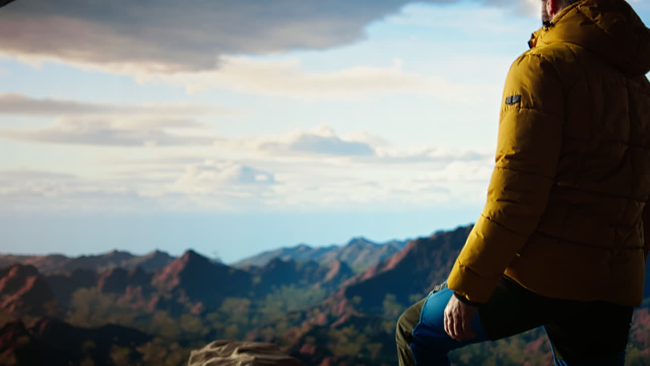 el viajero solo está de pie en la cumbre de una montaña empapándose de la impresionante vista de los picos