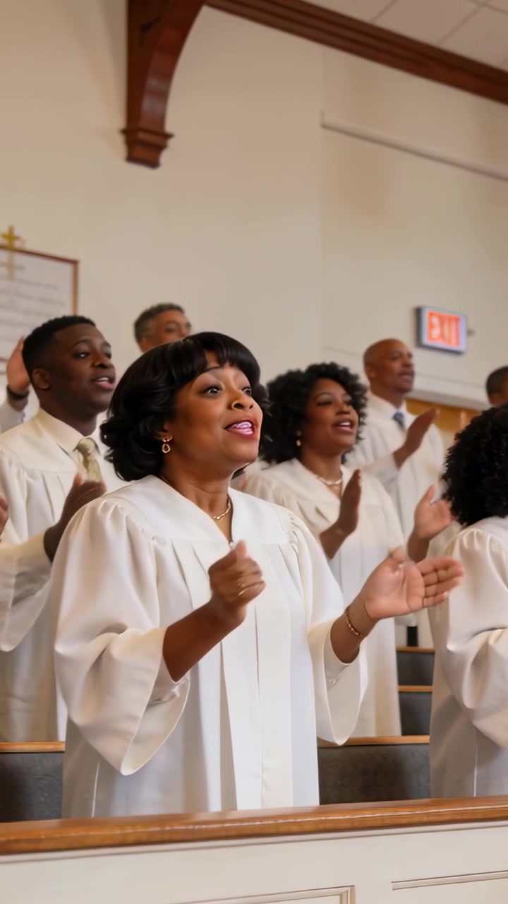 Vertical video: Singing choir women clapping and raising palms in church as hymn starts