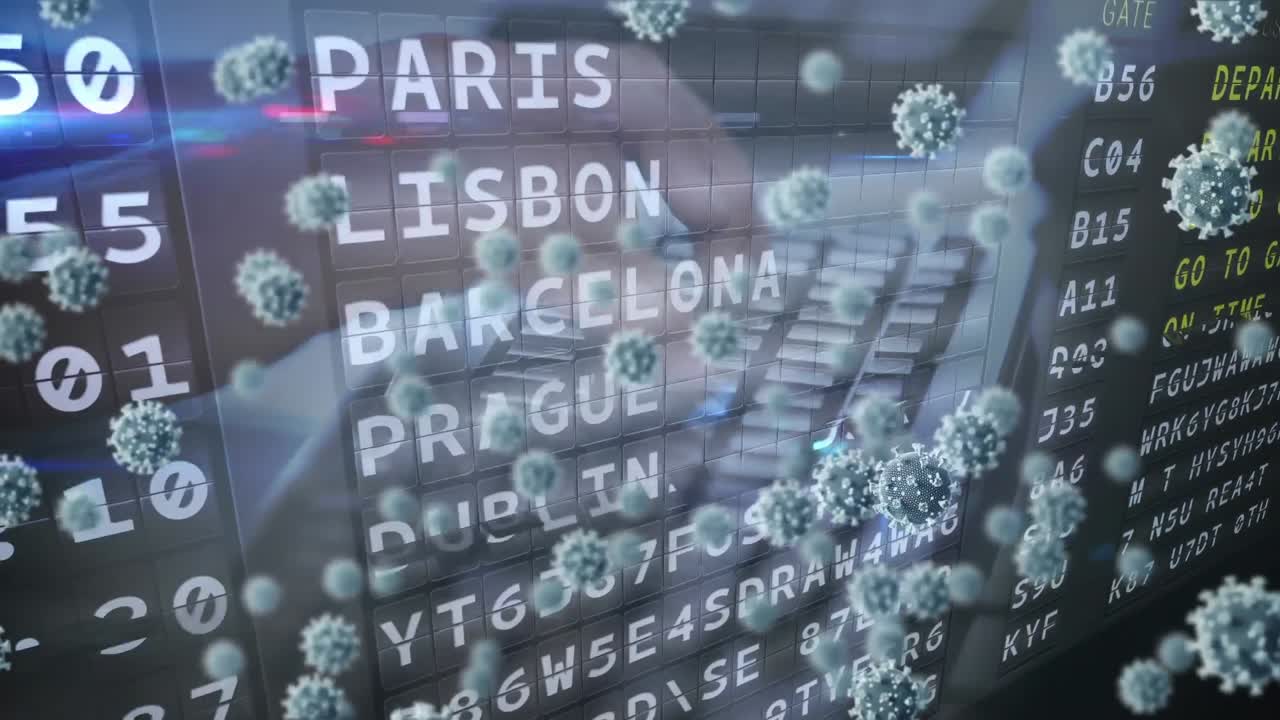 타이핑하는 사람 위에 공항 시간표와 함께 떠다니는 거대한 코로나19 세포의 애니메이션