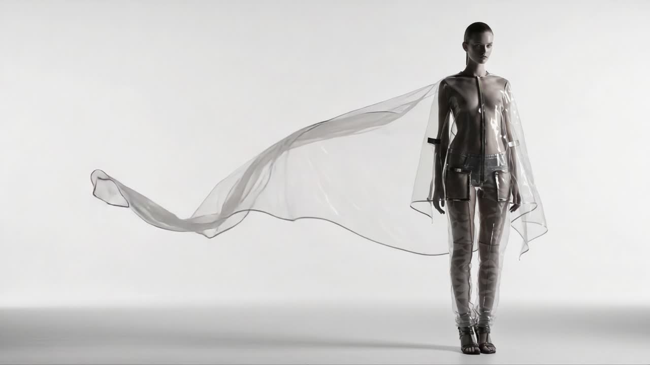 A Futuristic Fashion Statement: A Transparent Design Showcasing an Elegant Human Figure Draped in Ethereal Flowing Fabrics with an Avant-Garde Aesthetic