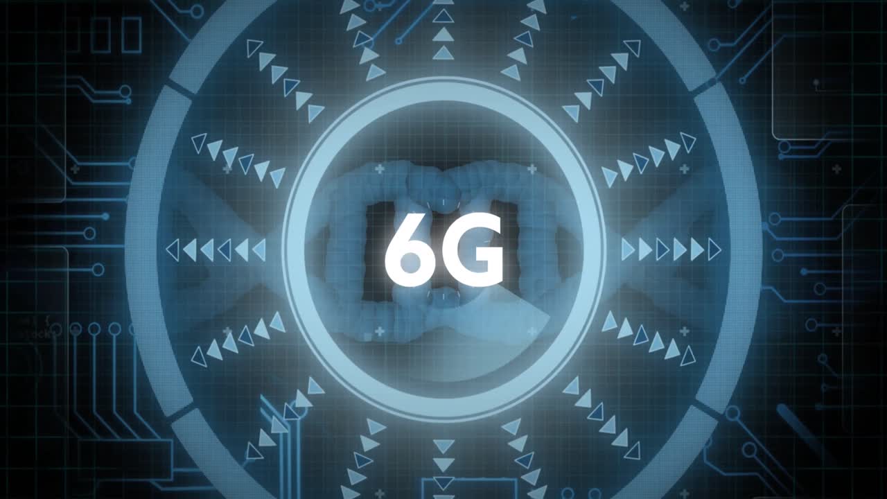 animación de una cadena de adn giratoria que cae y texto de 6g sobre un fondo oscuro.