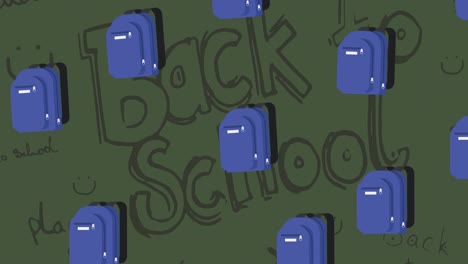 animation of repeated blue schoolbags moving over back to school written on green background