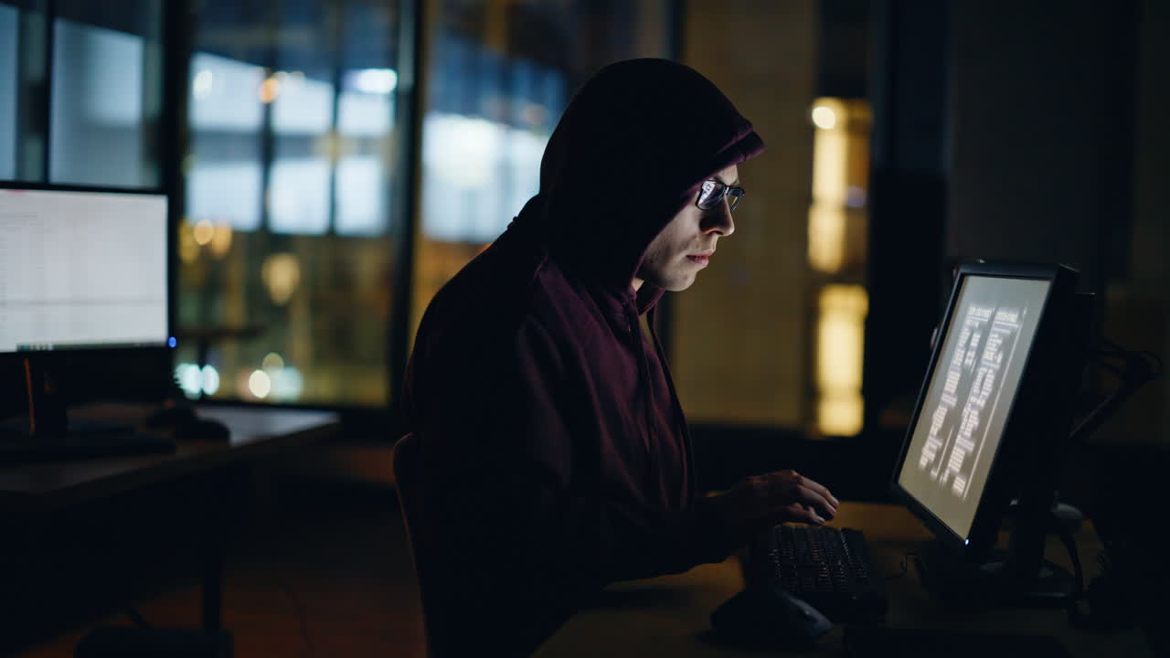 Hacker writing data computer keyboard in night high-tech room alone closeup