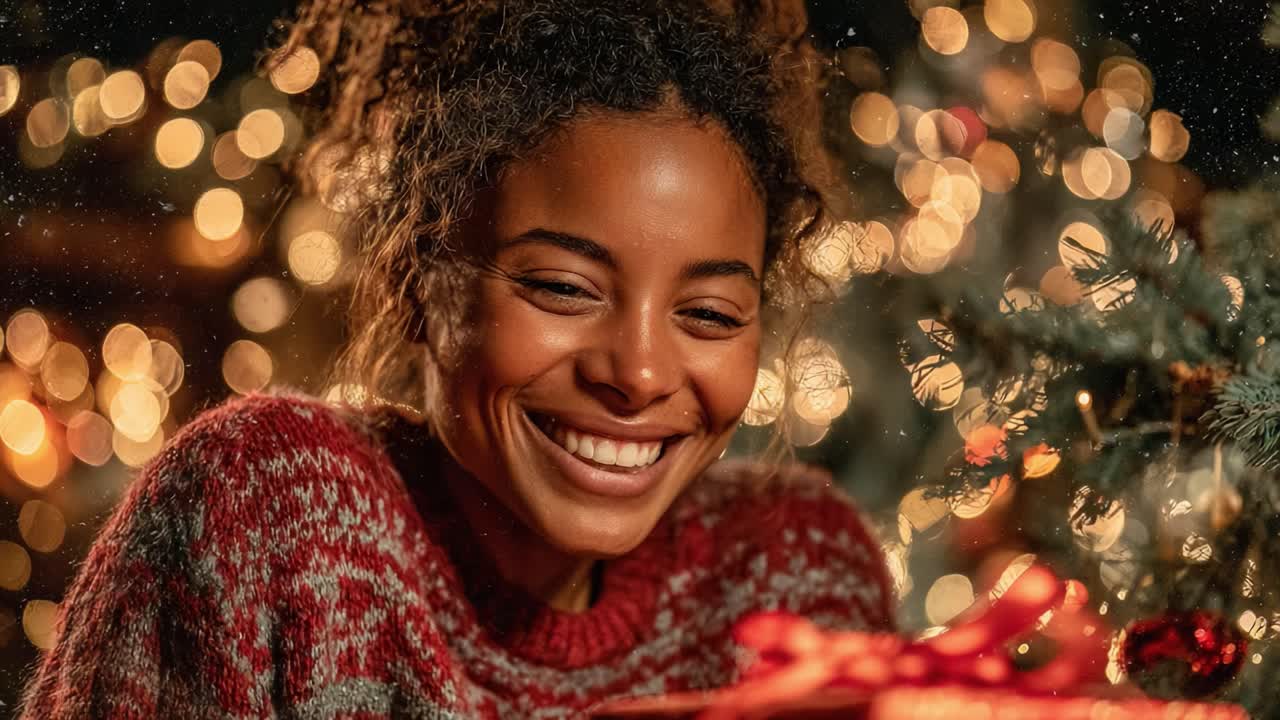Joyful Celebration of Gift Unwrapping: A Woman's Delight During the Festive Season Surrounded by Glowing Holiday Lights and a Beautifully Decorated Christmas Tree