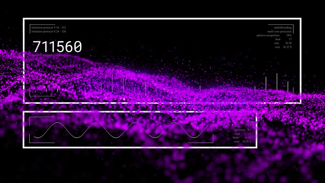 animaciones de la interfaz digital y la onda púrpura sobre un fondo oscuro