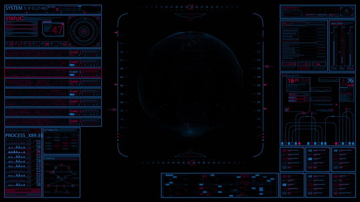 Use it to create computer interface or project with modern hi-tech neon style. Backgrounds combines abstract elements and stylish HUD particles. Abstract
digital backgrounds