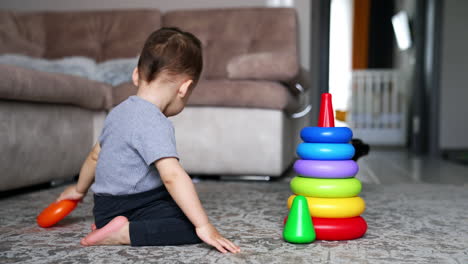 lovely kid disassembles colorful toy pyramid sitting on the floor. black cat sit nearby watching the boy.